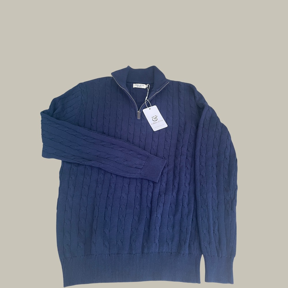 Collars & Co Kensington Navy Cable Knit Quarter Zip Sweater Mens Medium NWT - Picture 6 of 6